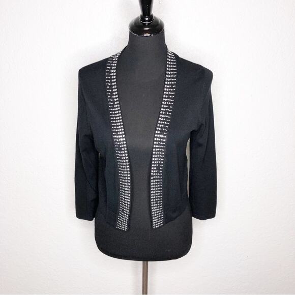 Eliza J black silver rhinestone trim open front cropped cardigan size Medium - Picture 1 of 13
